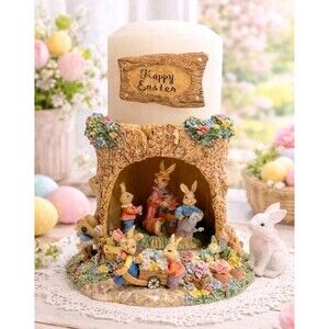 Vtg. Pillar Candle Happy Easter Bunny Family tree stump 3pc. floral ,Birds 1998